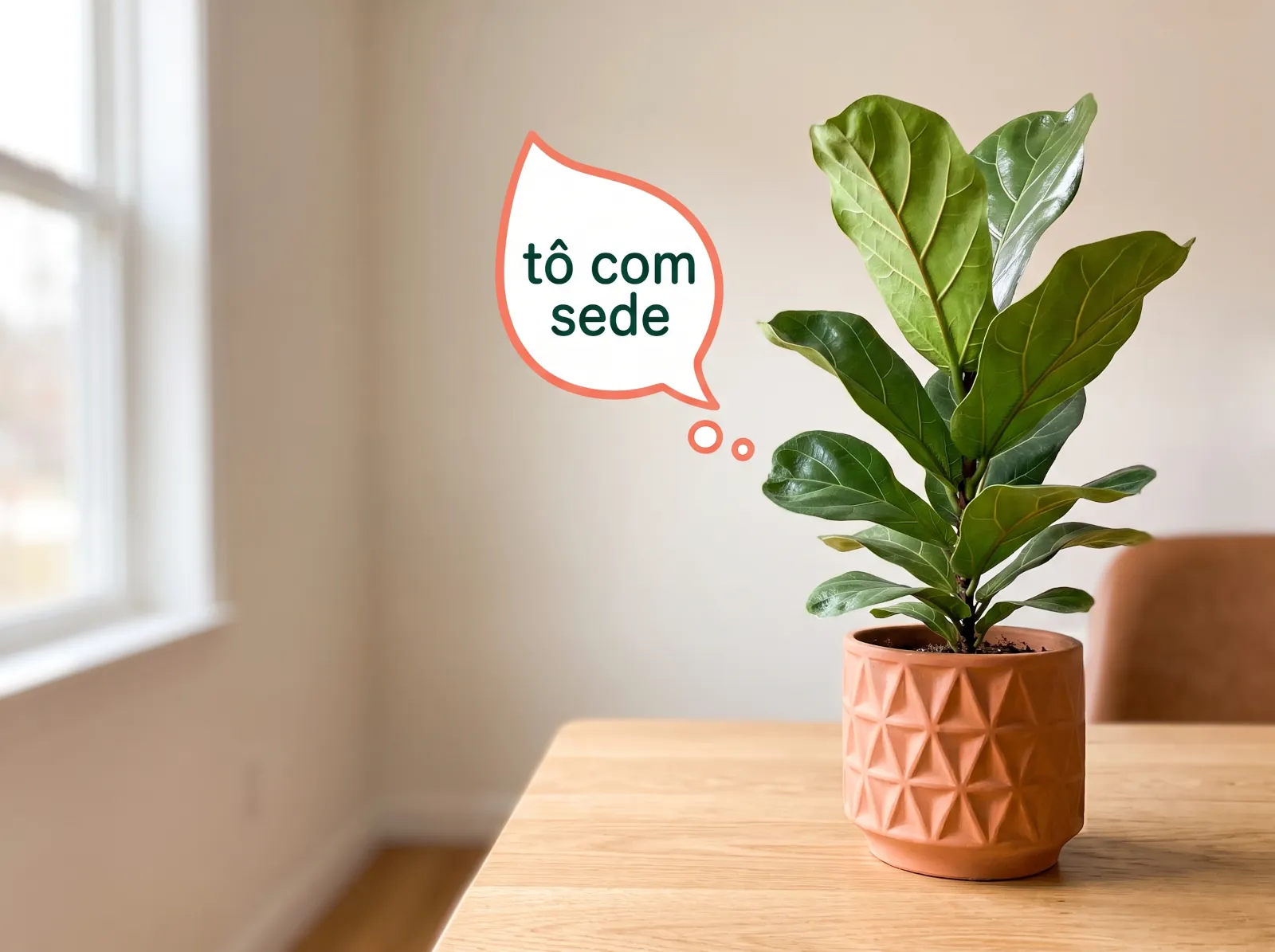 Planta em vaso de cerâmica com um balão de chat em formato de folha ao lado, simbolizando uma planta que conversa